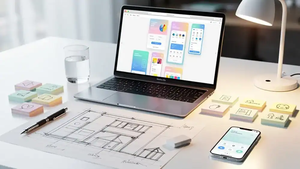Content strategy planning workspace with digital tools and frameworks