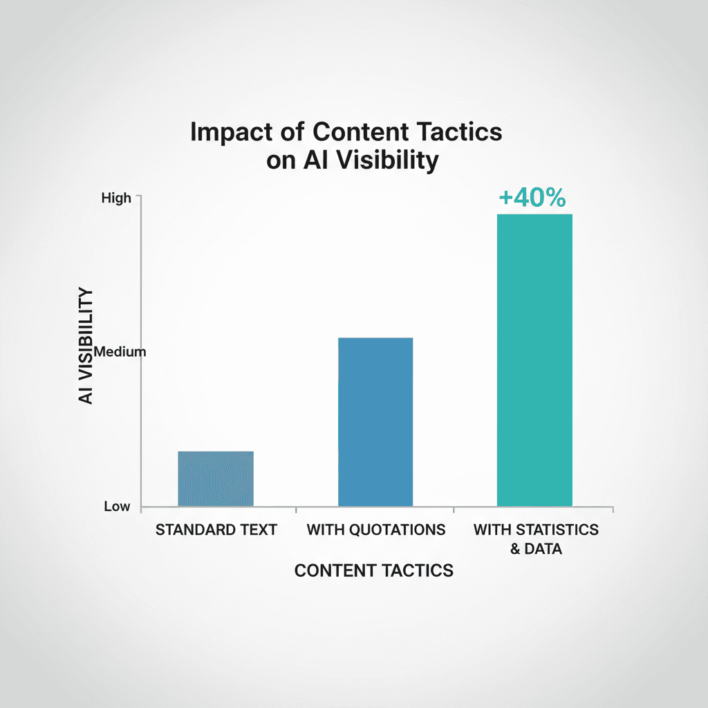 Bar chart showing that adding statistics and quotations to content increases AI visibility by up to 40%.