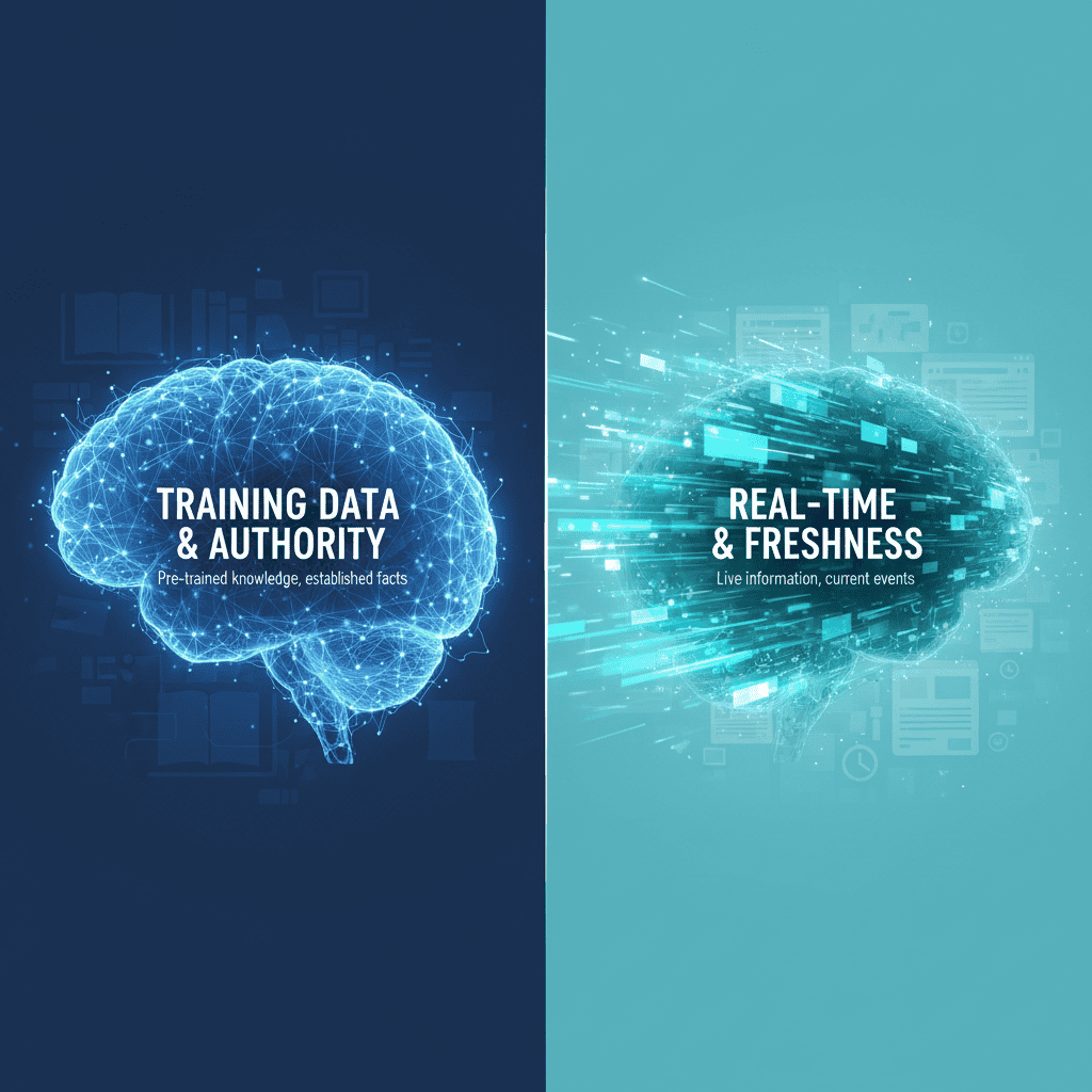 Comparison diagram showing ChatGPT training data focus vs Perplexity real-time indexing focus