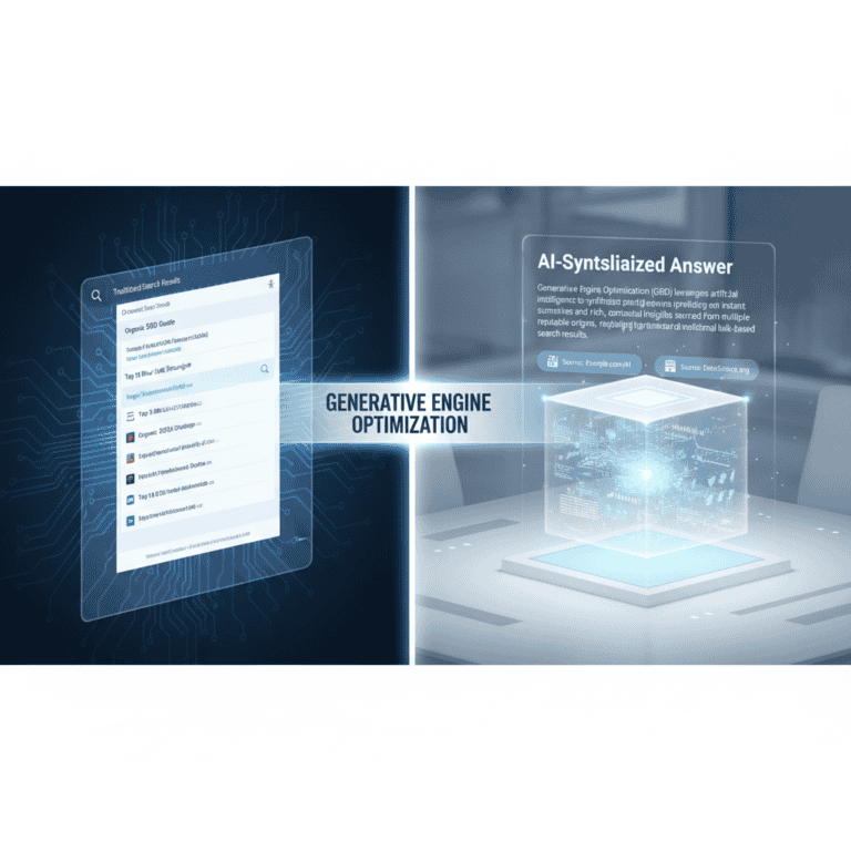 Comparison of traditional SEO search results versus AI-generated search answers representing generative engine optimization.