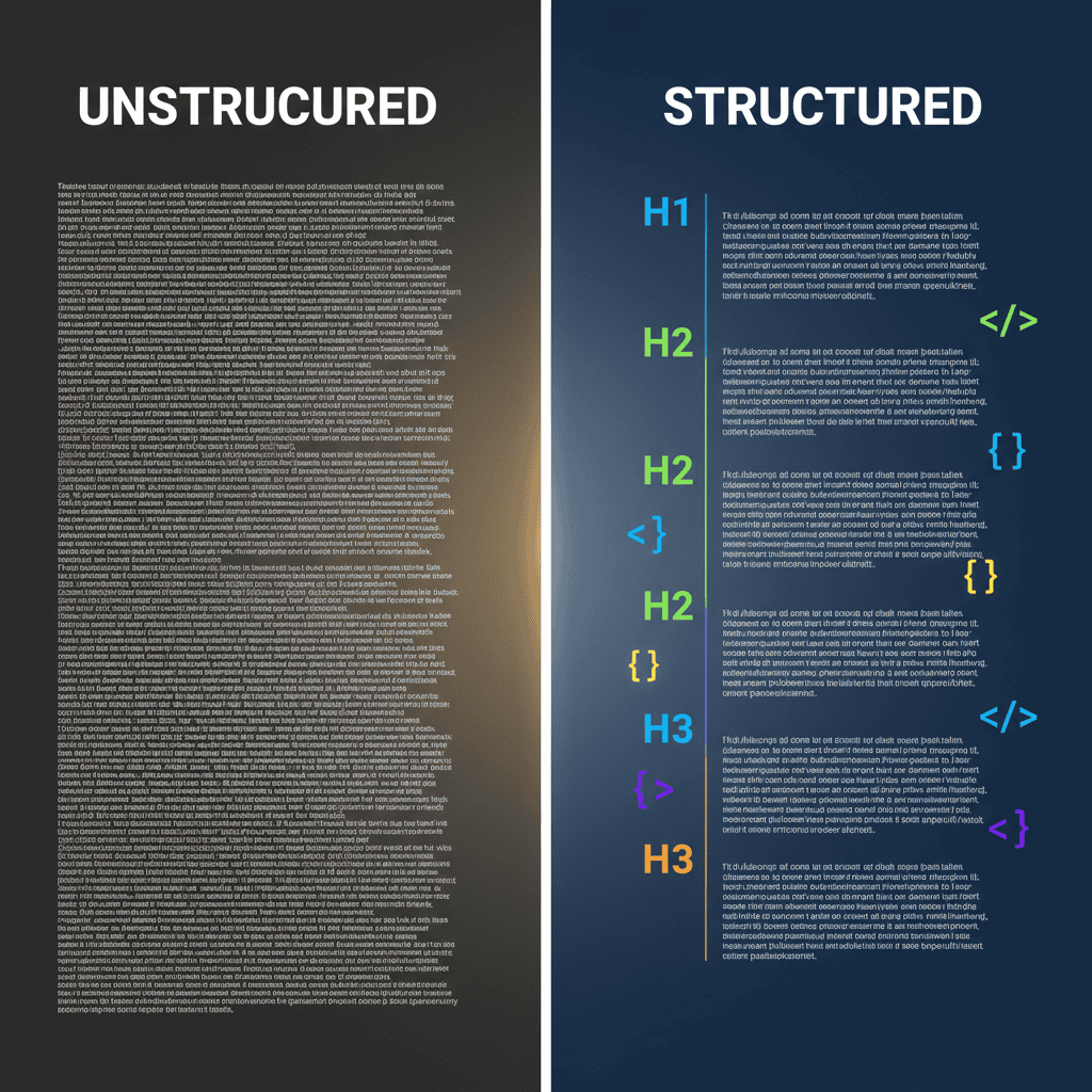 Comparison of unstructured text versus semantically structured content with HTML tags and Schema markup.