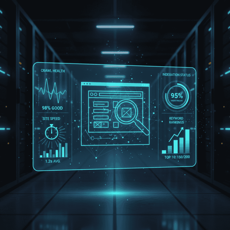 Futuristic technical SEO audit dashboard displaying crawl health and site speed metrics