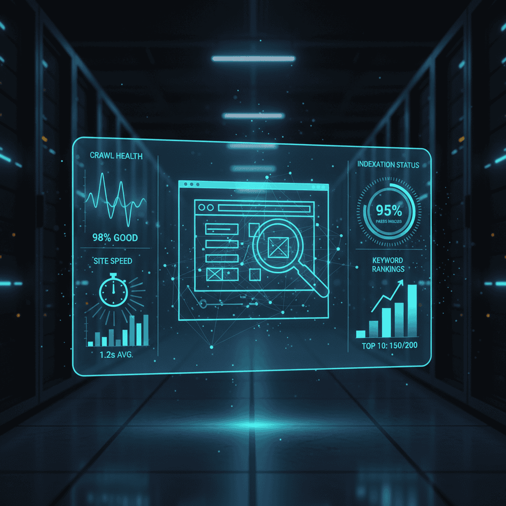 Futuristic technical SEO audit dashboard displaying crawl health and site speed metrics