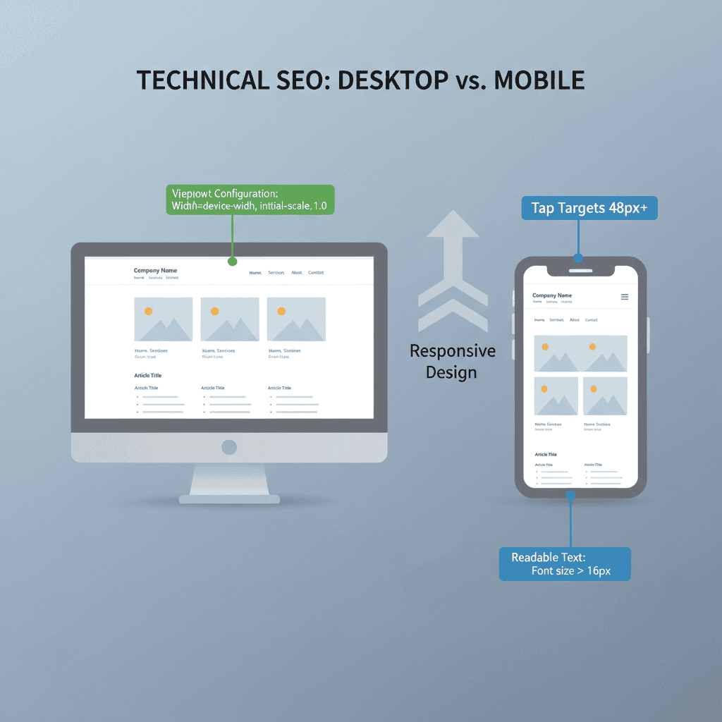 Infographic comparing desktop and mobile viewports for mobile-first indexing compliance