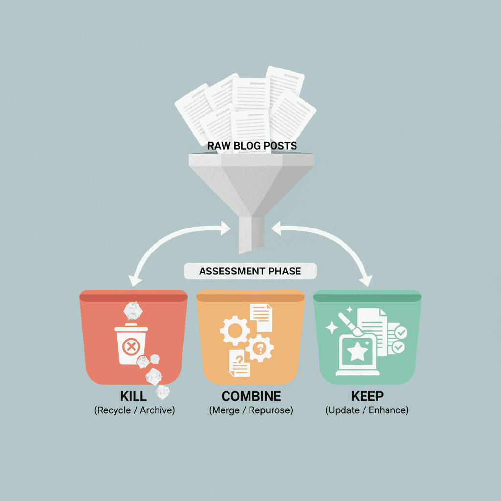 Infographic showing the Keep Kill Combine framework for content audits