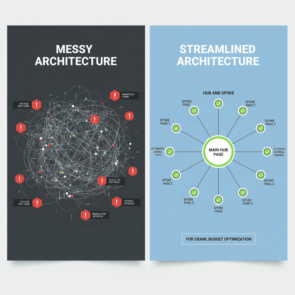 Comparison of messy vs streamlined site architecture for crawl budget optimization