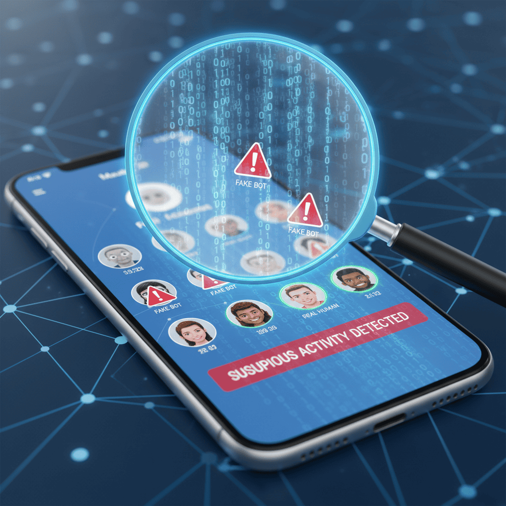 Magnifying glass analyzing social media followers to detect fake bots versus real users.