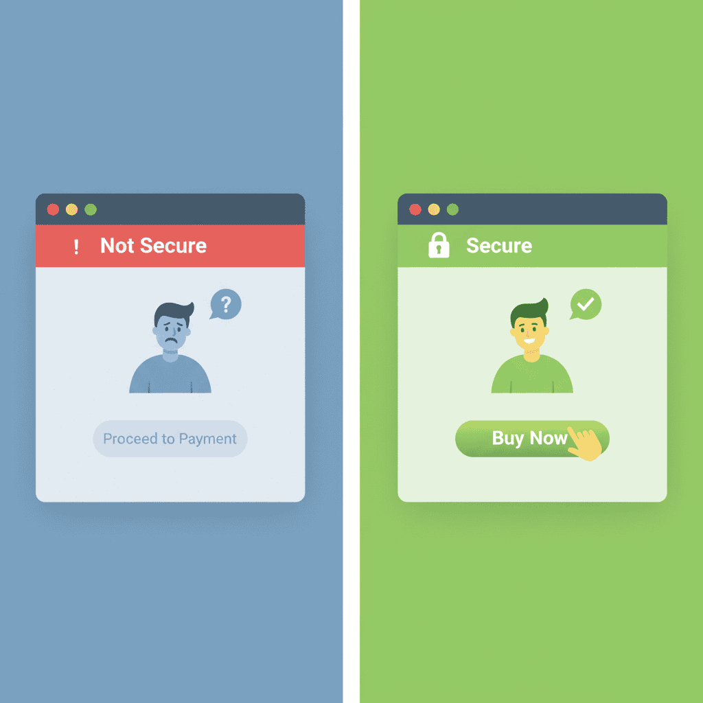 Comparison of insecure vs secure browser bars affecting user trust and click-through rates