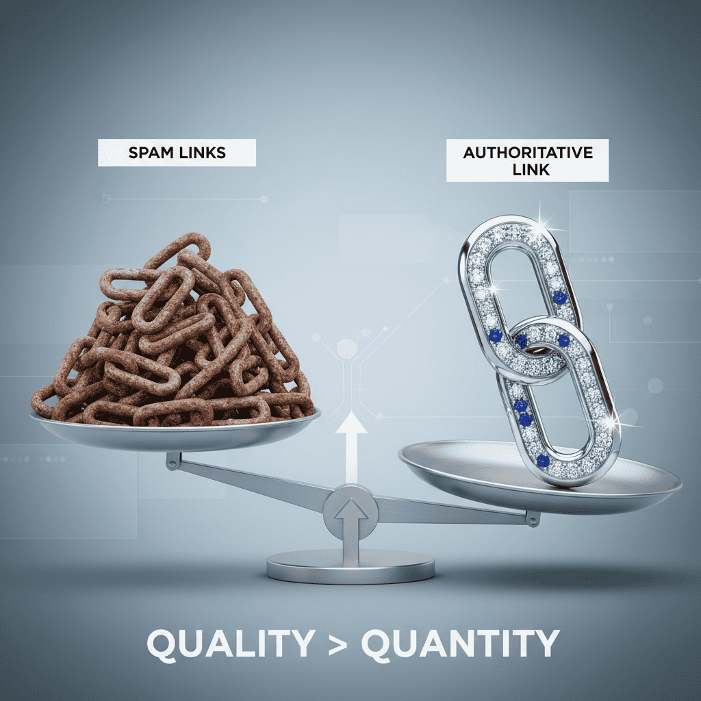Comparison of quantity vs quality in backlinks, showing one authoritative link outweighing many spam links.
