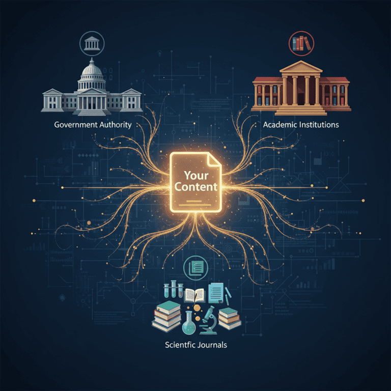 Illustration showing how citing credible sources builds content trust and SEO authority