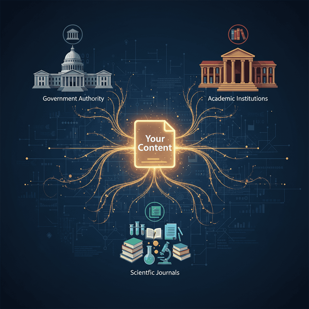 Illustration showing how citing credible sources builds content trust and SEO authority