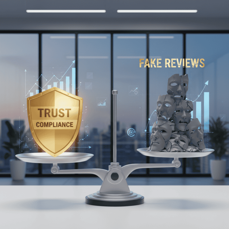 Illustration of online reputation management balancing trust and compliance against fake reviews.