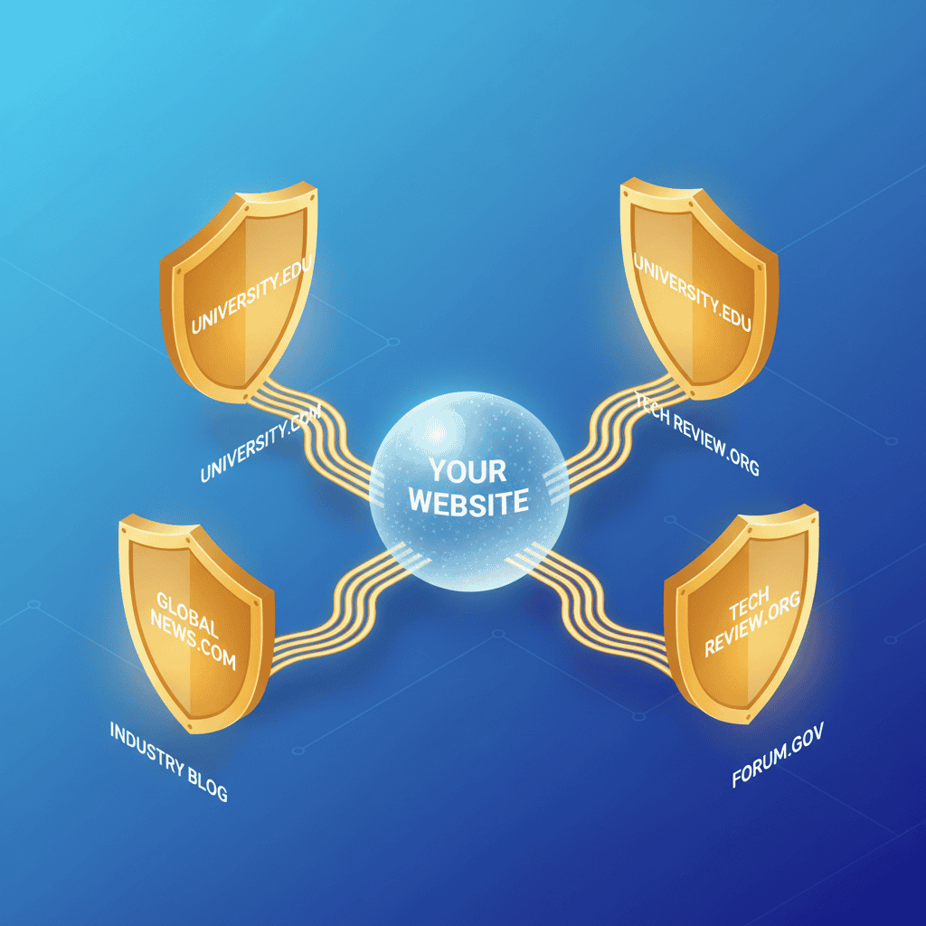 Illustration of earning high quality backlinks from authoritative sites showing link equity flow.